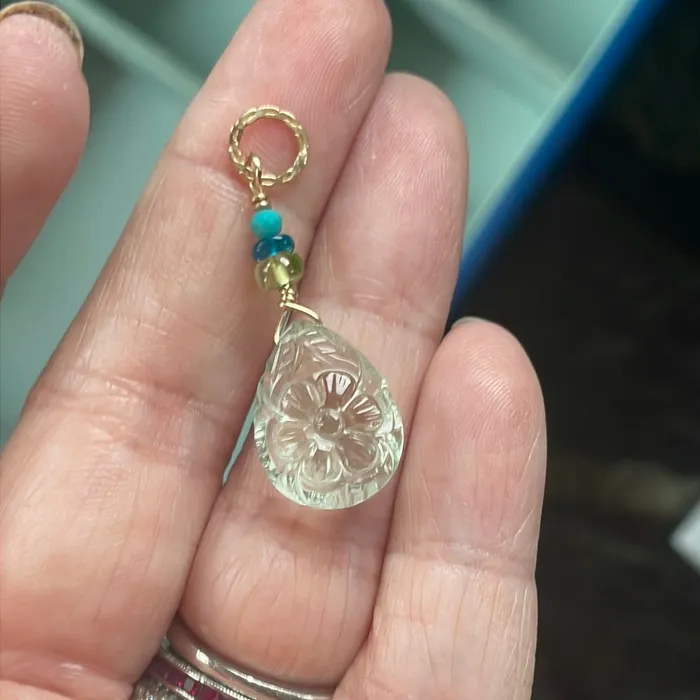 Necklaces Love Vintage Paris Carved Green Amethyst Flower Pendant Peridot Apatite and Turquoise Gold Filled Handmade