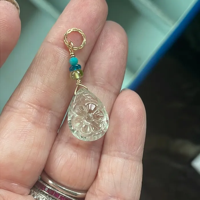 Necklaces Love Vintage Paris Carved Green Amethyst Flower Pendant Peridot Apatite and Turquoise Gold Filled Handmade