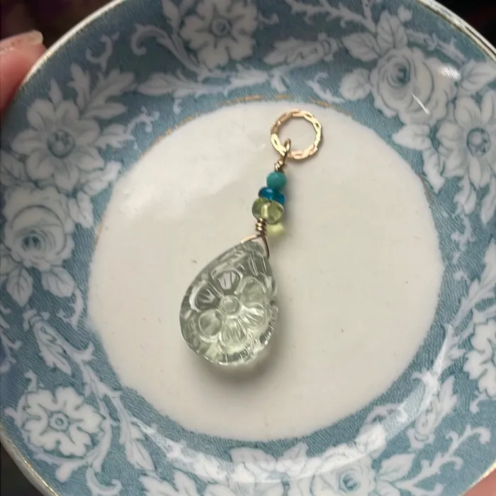 Necklaces Love Vintage Paris Carved Green Amethyst Flower Pendant Peridot Apatite and Turquoise Gold Filled Handmade