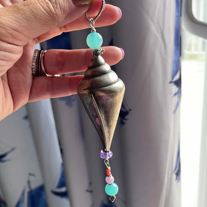 Necklaces Vintage Paris Jewelry Huge Shell Pendant Amazonite Kunzite and Coral Sterling Silver Handmade