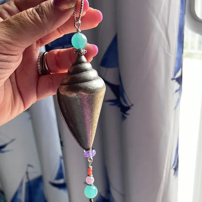 Necklaces Vintage Paris Jewelry Huge Shell Pendant Amazonite Kunzite and Coral Sterling Silver Handmade