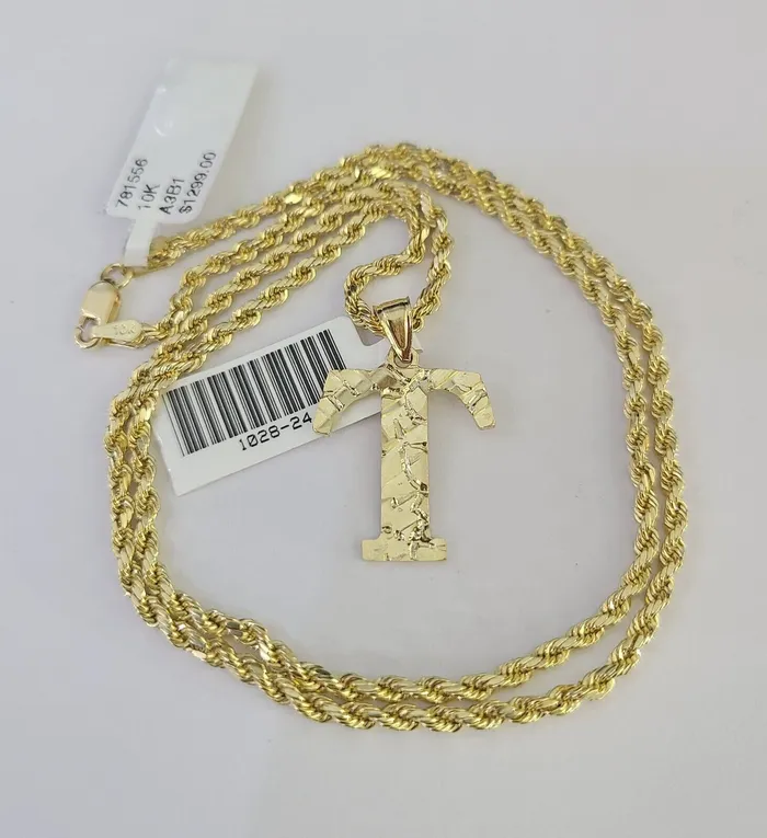 10k Gold Initial T Charm Rope Chain 1626 25mm SET Necklace Alphabet Pendant Gold and Diamond Necklaces