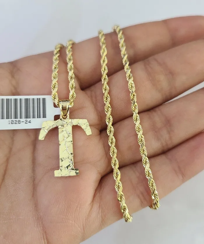 10k Gold Initial T Charm Rope Chain 1626 25mm SET Necklace Alphabet Pendant Gold and Diamond Necklaces