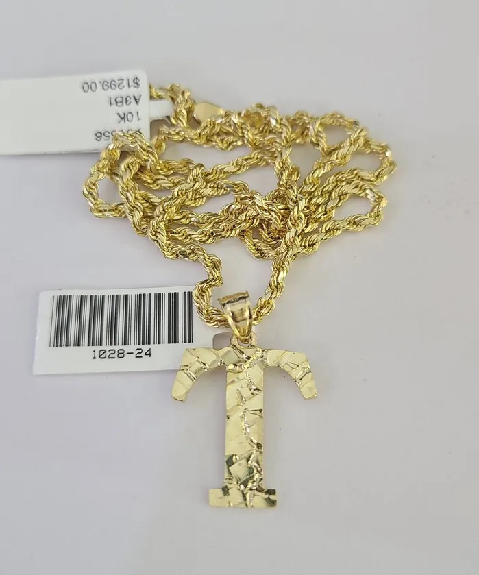 10k Gold Initial T Charm Rope Chain 1626 25mm SET Necklace Alphabet Pendant Gold and Diamond Necklaces