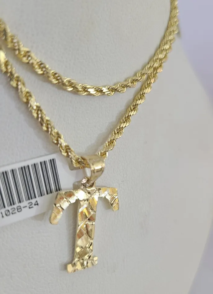 10k Gold Initial T Charm Rope Chain 1626 25mm SET Necklace Alphabet Pendant Gold and Diamond Necklaces