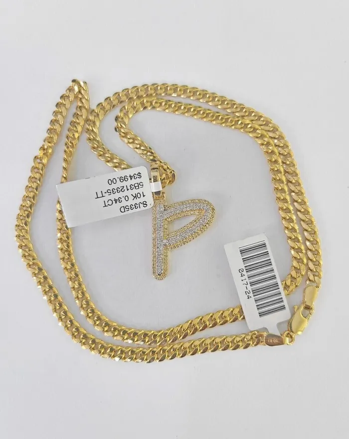 10k Miami Cuban Chain P Diamond Charm Set 4mm 1826Yellow Gold Necklace Pendant Globalwatches10 Necklaces