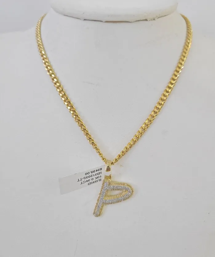 10k Miami Cuban Chain P Diamond Charm Set 4mm 1826Yellow Gold Necklace Pendant Globalwatches10 Necklaces