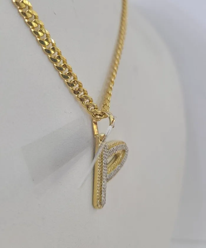 10k Miami Cuban Chain P Diamond Charm Set 4mm 1826Yellow Gold Necklace Pendant Globalwatches10 Necklaces
