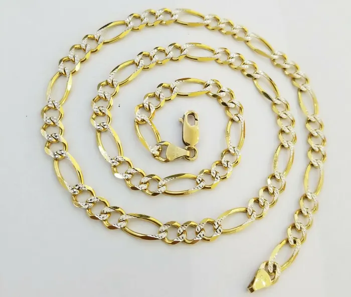 22 Real 14K Yellow Gold Figaro Link Chain 6mm Necklace Diamond Cut Lobster Globalwatches10 Necklaces