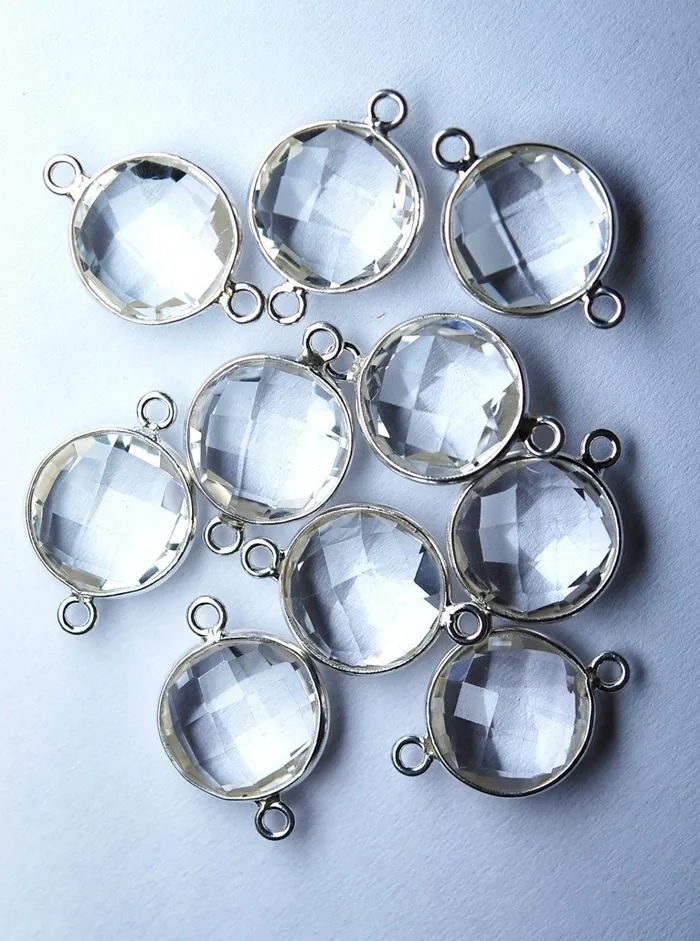 Beads Supplies USA Necklaces 925 Sterling SilverRock Crystal Faceted Coins Shape Connector 10 Piece Of 17mm