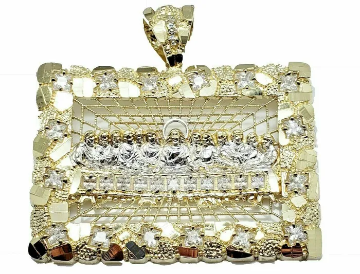 Gold and Diamond Charm Necklaces Real 10k Yellow Gold Mens Nugget Last supper pendant 2 Charm Diamond Cut Jesus Gold and Diamond Charm Necklaces Real 10k Yellow Gold Mens Nugget Last supper pendant 2 Charm Diamond Cut Jesus