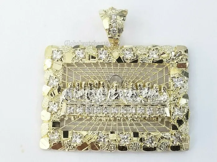 Gold and Diamond Charm Necklaces Real 10k Yellow Gold Mens Nugget Last supper pendant 2 Charm Diamond Cut Jesus