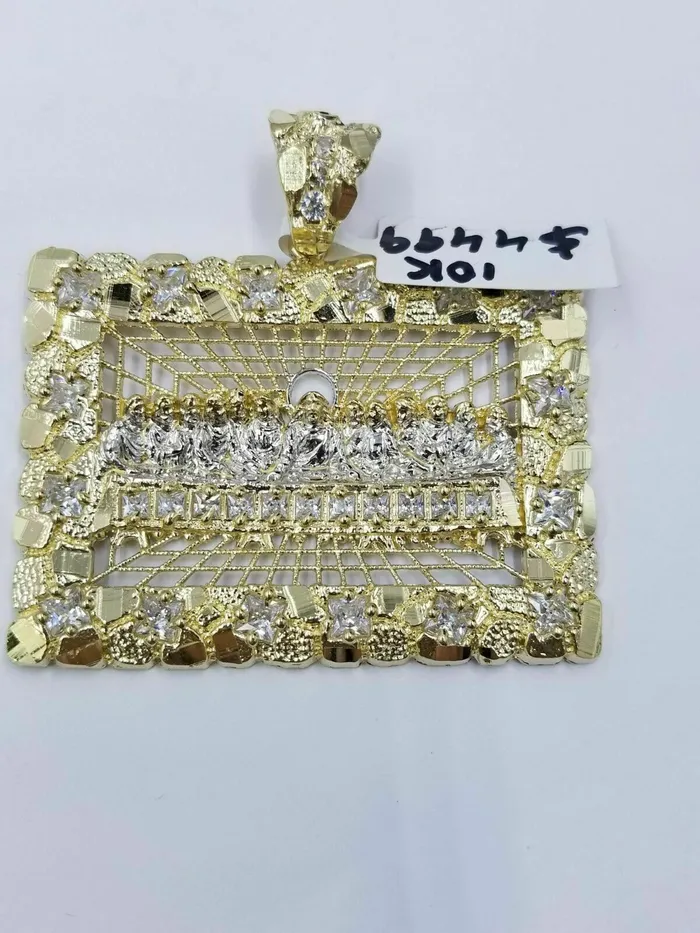 Gold and Diamond Charm Necklaces Real 10k Yellow Gold Mens Nugget Last supper pendant 2 Charm Diamond Cut Jesus