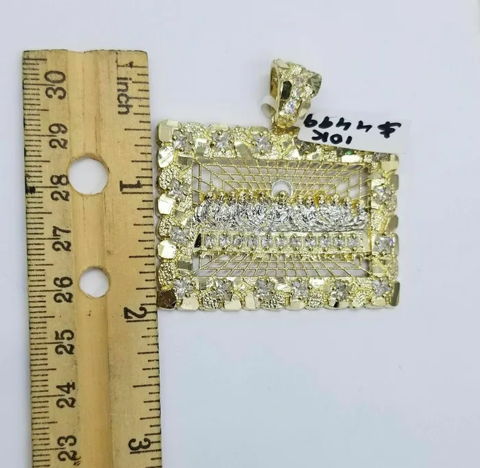 Gold and Diamond Charm Necklaces Real 10k Yellow Gold Mens Nugget Last supper pendant 2 Charm Diamond Cut Jesus