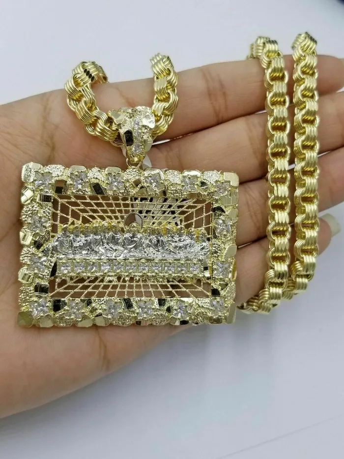 Gold and Diamond Charm Necklaces Real 10k Yellow Gold Mens Nugget Last supper pendant 2 Charm Diamond Cut Jesus