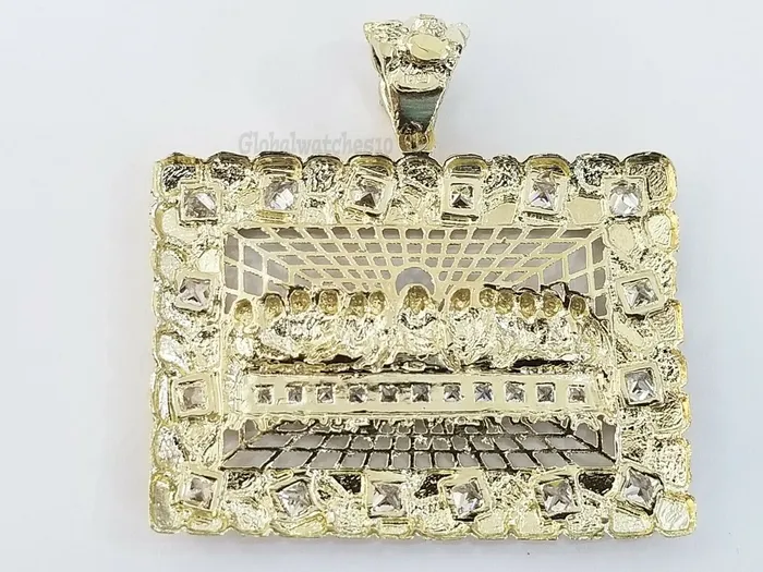 Gold and Diamond Charm Necklaces Real 10k Yellow Gold Mens Nugget Last supper pendant 2 Charm Diamond Cut Jesus