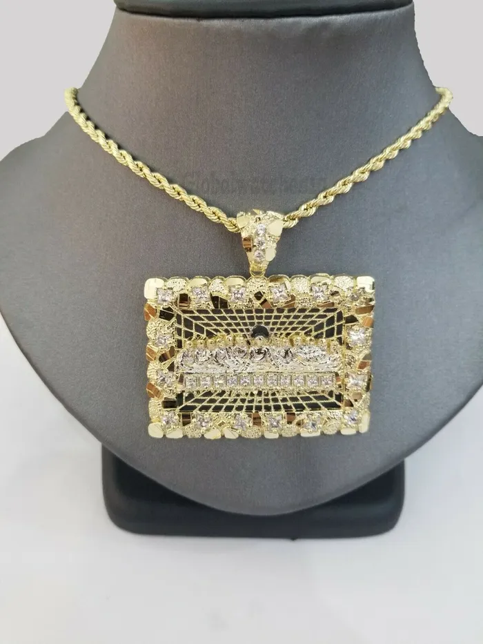Gold and Diamond Charm Necklaces Real 10k Yellow Gold Mens Nugget Last supper pendant 2 Charm Diamond Cut Jesus