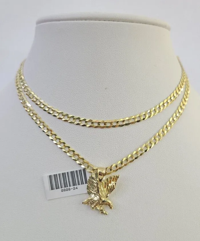 Gold and Diamond Necklaces 10k Gold Cuban Curb Chain Eagle Charm Solid 4mm 1828 SET Necklace Pendant Gold and Diamond Necklaces 10k Gold Cuban Curb Chain Eagle Charm Solid 4mm 1828 SET Necklace Pendant