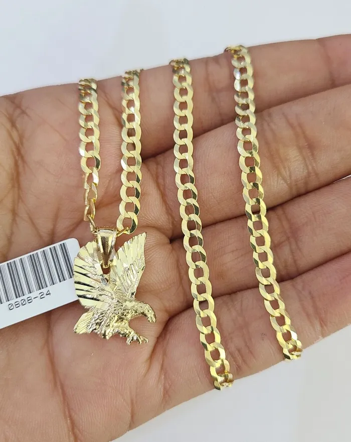 Gold and Diamond Necklaces 10k Gold Cuban Curb Chain Eagle Charm Solid 4mm 1828 SET Necklace Pendant