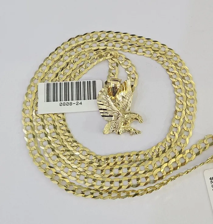 Gold and Diamond Necklaces 10k Gold Cuban Curb Chain Eagle Charm Solid 4mm 1828 SET Necklace Pendant