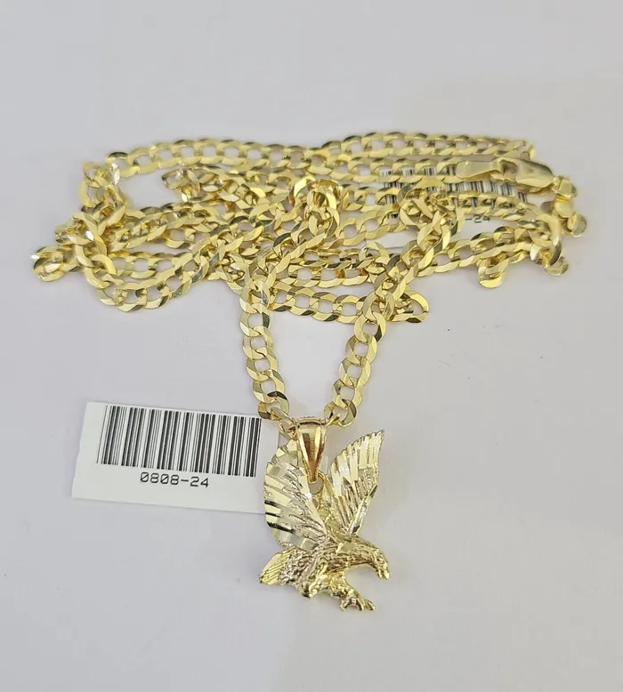 Gold and Diamond Necklaces 10k Gold Cuban Curb Chain Eagle Charm Solid 4mm 1828 SET Necklace Pendant