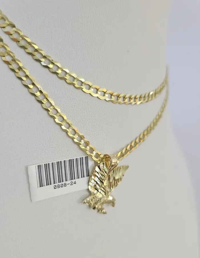 Gold and Diamond Necklaces 10k Gold Cuban Curb Chain Eagle Charm Solid 4mm 1828 SET Necklace Pendant