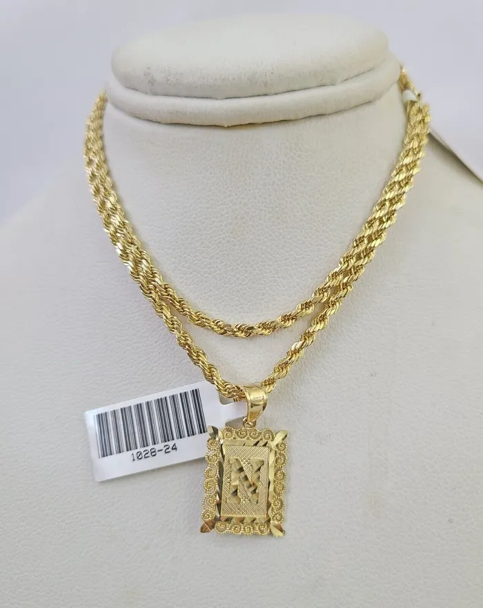 Gold and Diamond Necklaces 10k Gold Initial N Charm Rope Chain 1626 25mm SET Necklace Alphabet Pendant Gold and Diamond Necklaces 10k Gold Initial N Charm Rope Chain 1626 25mm SET Necklace Alphabet Pendant