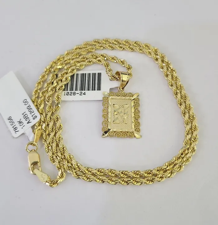 Gold and Diamond Necklaces 10k Gold Initial N Charm Rope Chain 1626 25mm SET Necklace Alphabet Pendant