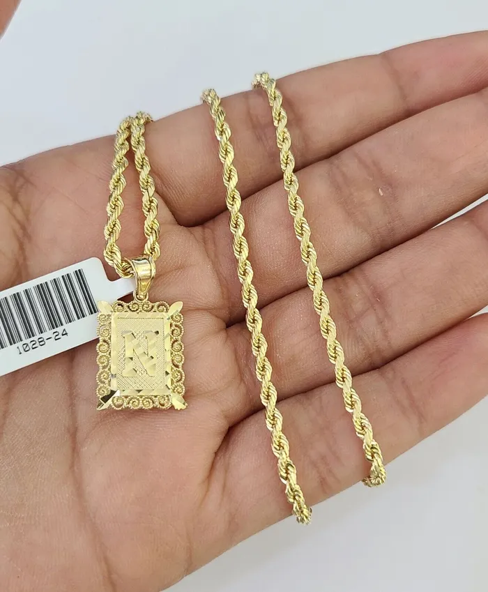 Gold and Diamond Necklaces 10k Gold Initial N Charm Rope Chain 1626 25mm SET Necklace Alphabet Pendant