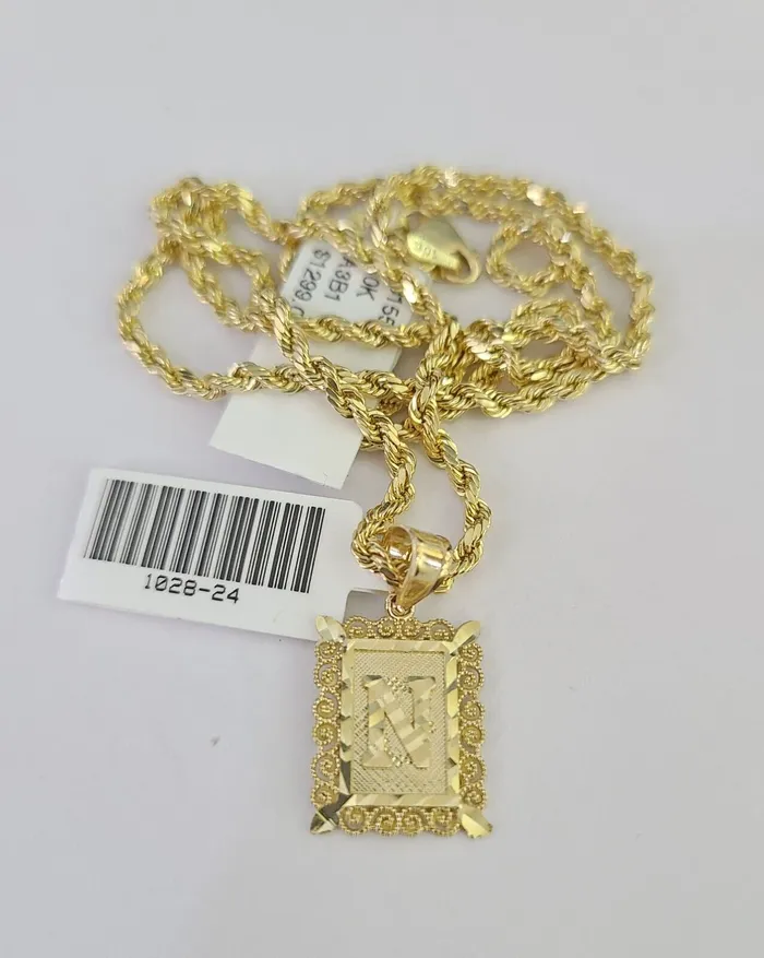 Gold and Diamond Necklaces 10k Gold Initial N Charm Rope Chain 1626 25mm SET Necklace Alphabet Pendant