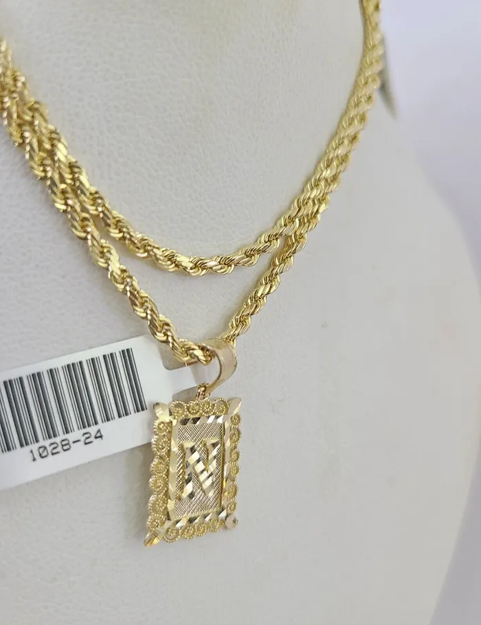 Gold and Diamond Necklaces 10k Gold Initial N Charm Rope Chain 1626 25mm SET Necklace Alphabet Pendant