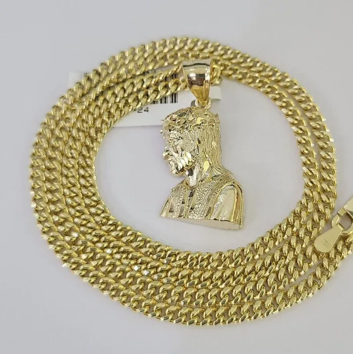 Gold and Diamond Necklaces 10K Gold Miami Cuban Chain Jesus Head Charm 1828 3mm REAL Pendant Necklace Gold and Diamond Necklaces 10K Gold Miami Cuban Chain Jesus Head Charm 1828 3mm REAL Pendant Necklace