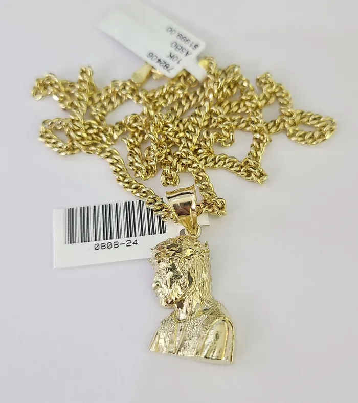 Gold and Diamond Necklaces 10K Gold Miami Cuban Chain Jesus Head Charm 1828 3mm REAL Pendant Necklace