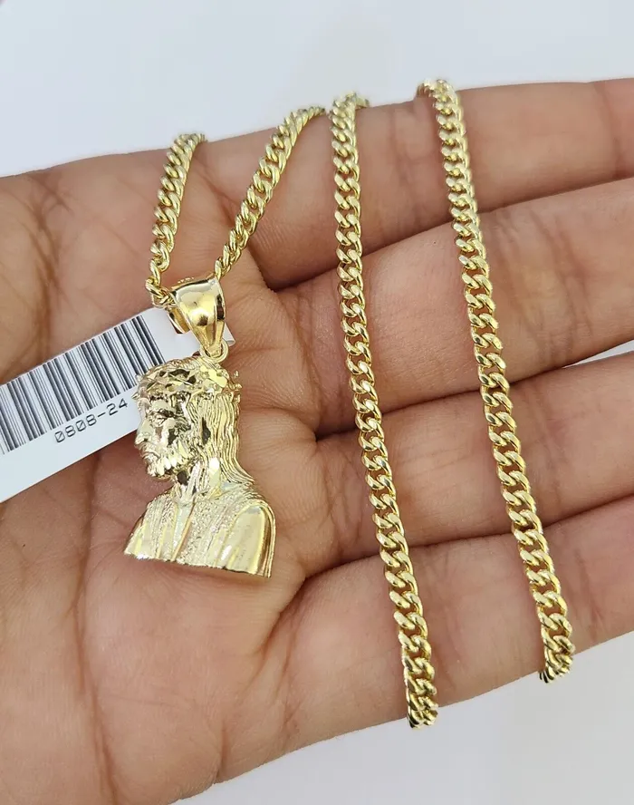 Gold and Diamond Necklaces 10K Gold Miami Cuban Chain Jesus Head Charm 1828 3mm REAL Pendant Necklace