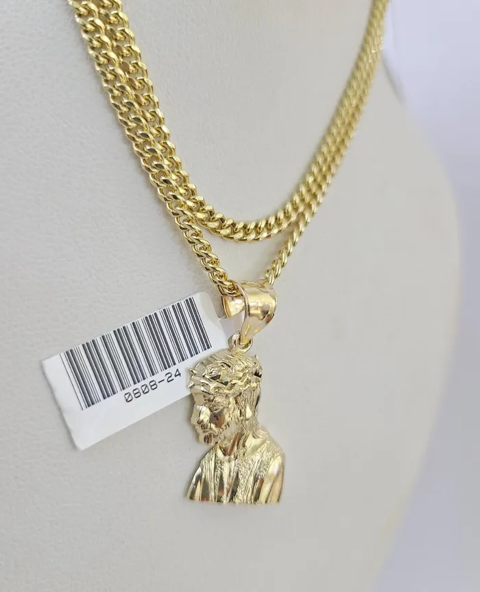 Gold and Diamond Necklaces 10K Gold Miami Cuban Chain Jesus Head Charm 1828 3mm REAL Pendant Necklace