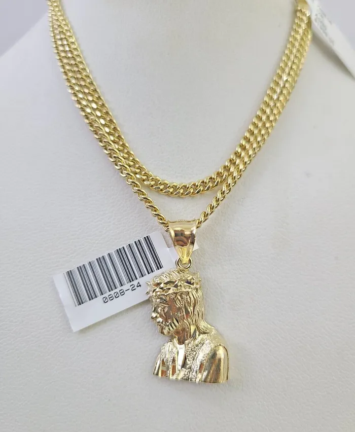 Gold and Diamond Necklaces 10K Gold Miami Cuban Chain Jesus Head Charm 1828 3mm REAL Pendant Necklace