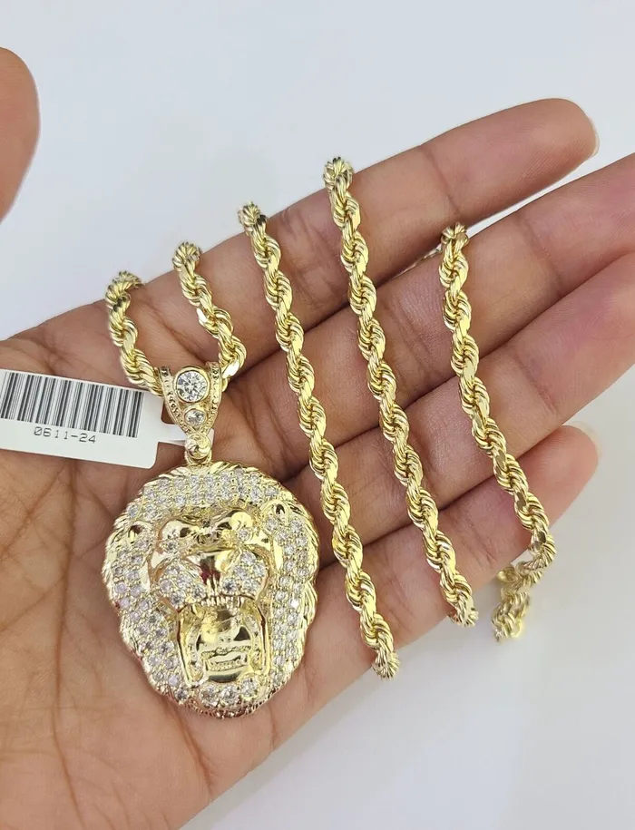 Gold and Diamond Necklaces 10k Solid Rope Chain Roaring Lion Charm Set 4mm 2028 Necklace Gold Yellow Gold and Diamond Necklaces 10k Solid Rope Chain Roaring Lion Charm Set 4mm 2028 Necklace Gold Yellow