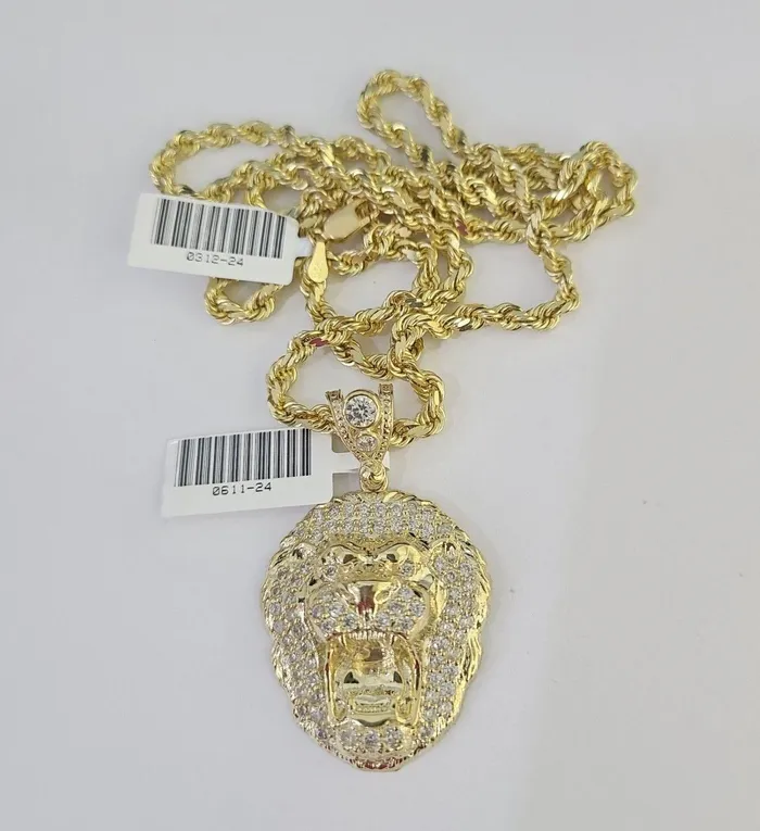 Gold and Diamond Necklaces 10k Solid Rope Chain Roaring Lion Charm Set 4mm 2028 Necklace Gold Yellow