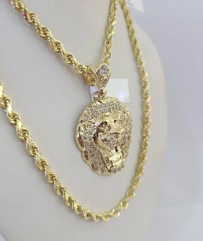 Gold and Diamond Necklaces 10k Solid Rope Chain Roaring Lion Charm Set 4mm 2028 Necklace Gold Yellow
