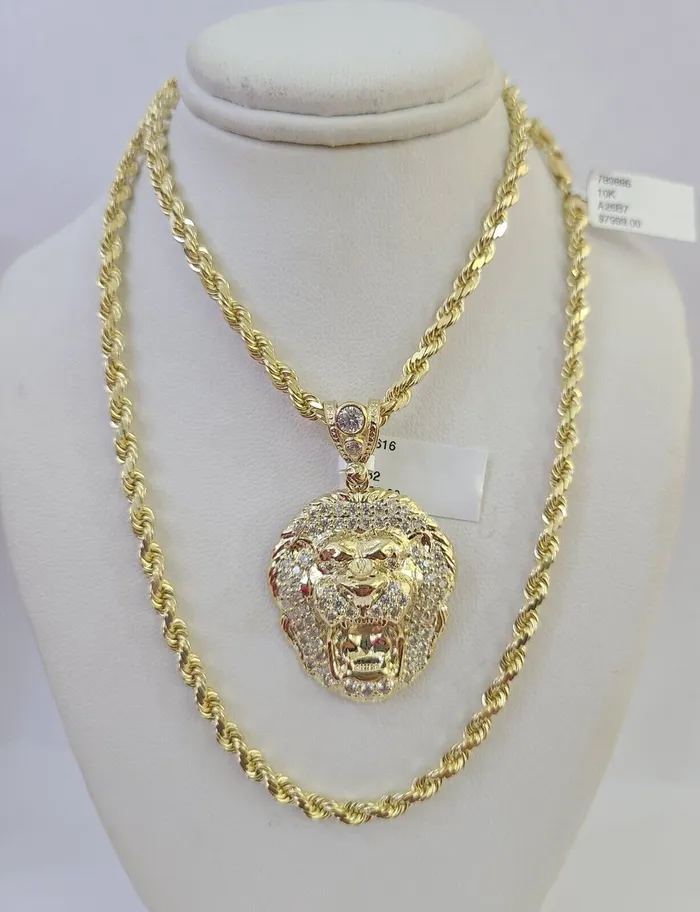 Gold and Diamond Necklaces 10k Solid Rope Chain Roaring Lion Charm Set 4mm 2028 Necklace Gold Yellow