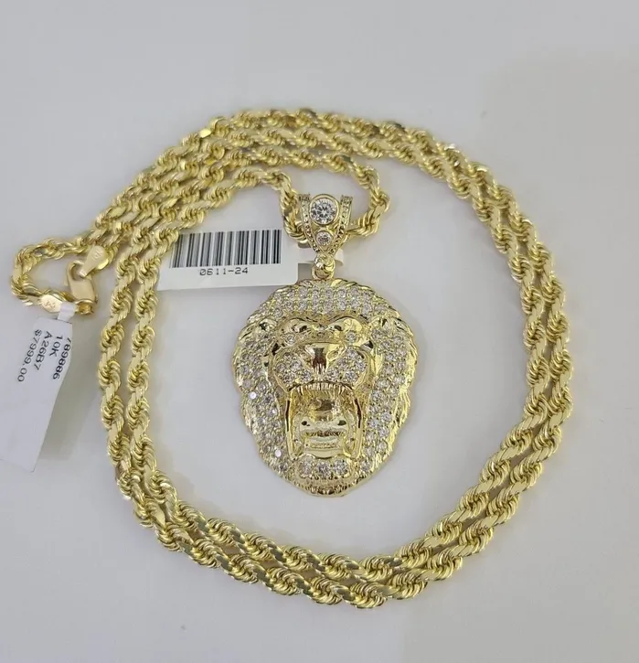 Gold and Diamond Necklaces 10k Solid Rope Chain Roaring Lion Charm Set 4mm 2028 Necklace Gold Yellow