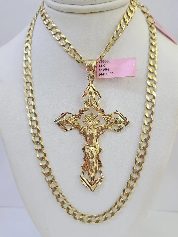 Gold and Diamond Necklaces 14k Gold Chain Jesus Cross Charm Solid Cuban Curb 5mm 2026 Inch SET Necklace Gold and Diamond Necklaces 14k Gold Chain Jesus Cross Charm Solid Cuban Curb 5mm 2026 Inch SET Necklace