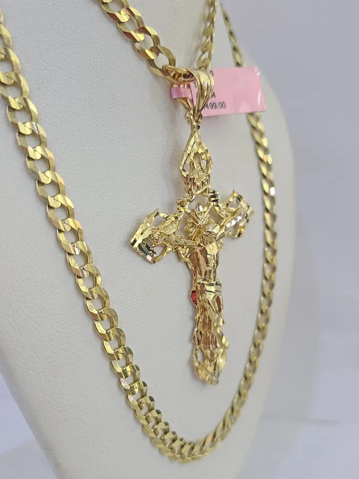 Gold and Diamond Necklaces 14k Gold Chain Jesus Cross Charm Solid Cuban Curb 5mm 2026 Inch SET Necklace