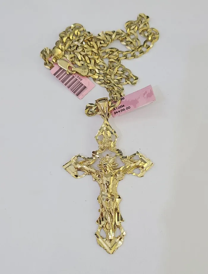 Gold and Diamond Necklaces 14k Gold Chain Jesus Cross Charm Solid Cuban Curb 5mm 2026 Inch SET Necklace