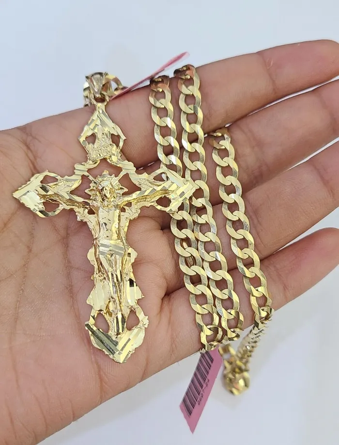 Gold and Diamond Necklaces 14k Gold Chain Jesus Cross Charm Solid Cuban Curb 5mm 2026 Inch SET Necklace