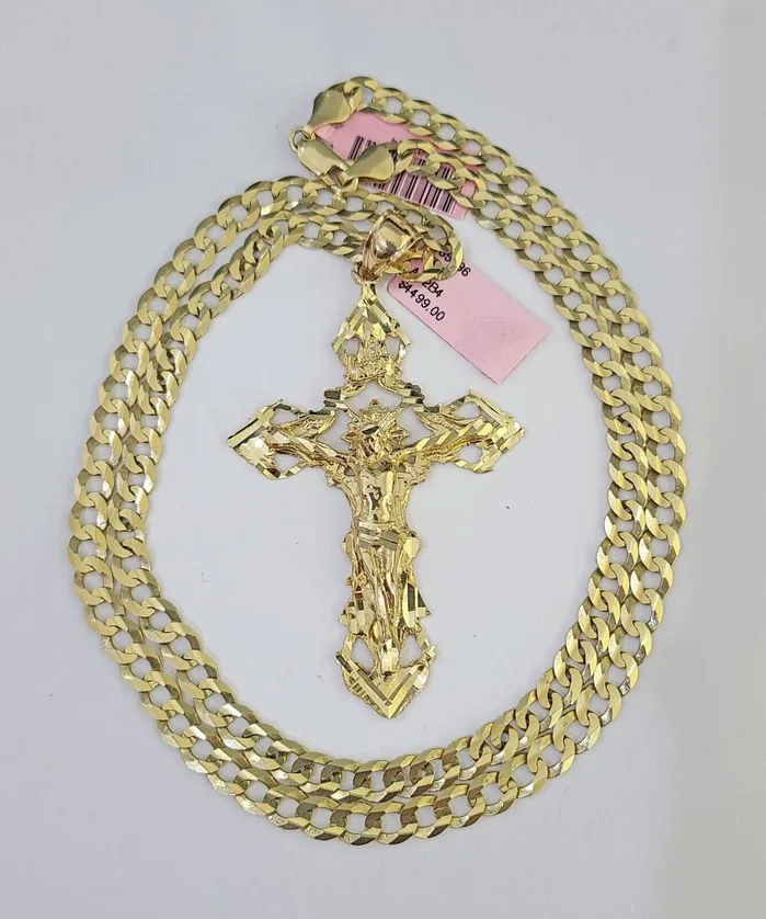 Gold and Diamond Necklaces 14k Gold Chain Jesus Cross Charm Solid Cuban Curb 5mm 2026 Inch SET Necklace