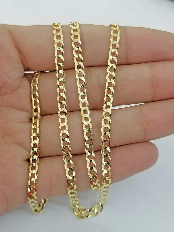 Gold and Diamond Necklaces 14KT SOLID Yellow Gold 3mm Cuban Curb Link chain Necklace 1826 Men Women Real