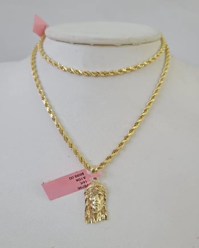 Gold and Diamond Necklaces Real 14k Rope Chain Jesus Head Charm Set Yellow Gold 3mm 1830 Necklace Pendant Gold and Diamond Necklaces Real 14k Rope Chain Jesus Head Charm Set Yellow Gold 3mm 1830 Necklace Pendant
