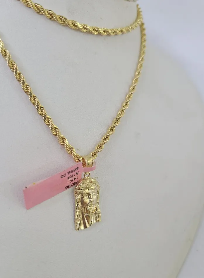 Gold and Diamond Necklaces Real 14k Rope Chain Jesus Head Charm Set Yellow Gold 3mm 1830 Necklace Pendant