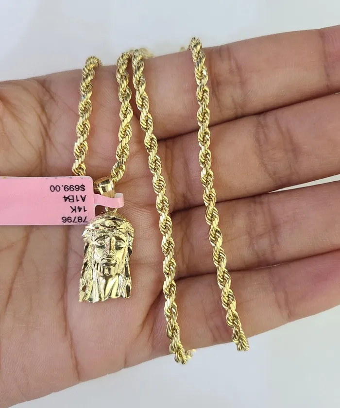 Gold and Diamond Necklaces Real 14k Rope Chain Jesus Head Charm Set Yellow Gold 3mm 1830 Necklace Pendant